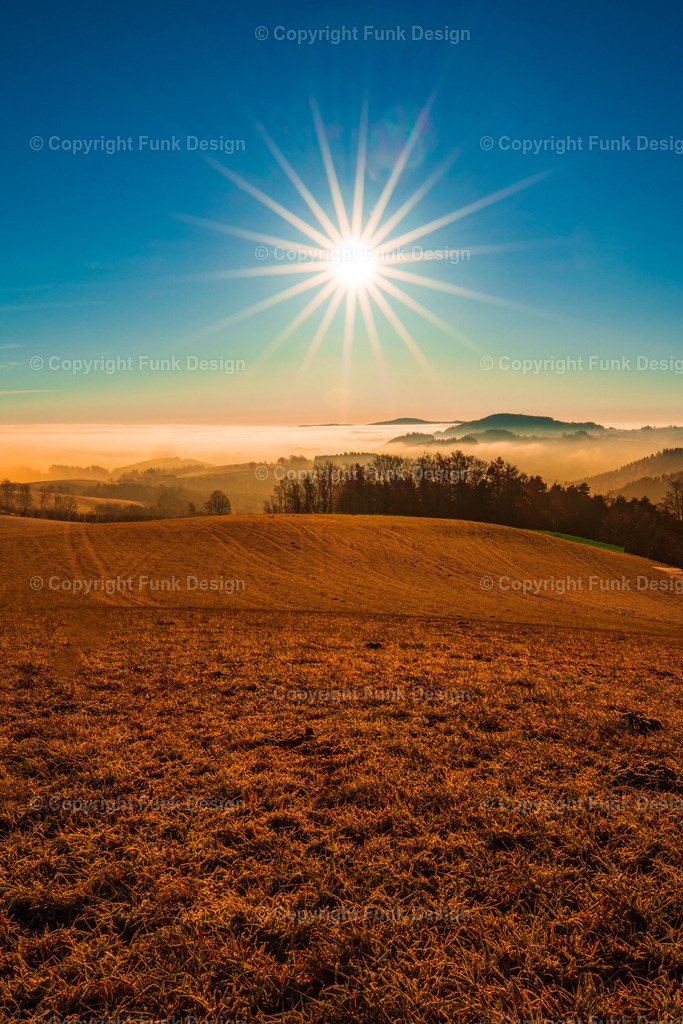 Sonnenstern über dem Nebelmeer – Wechsel | Ein strahlender Sonnenstern bricht durch den klaren Himmel und taucht die sanften Hügel am Wechsel in warmes Gold. Das Nebelmeer im Tal sorgt für eine ruhige, fast magische Morgenstimmung.