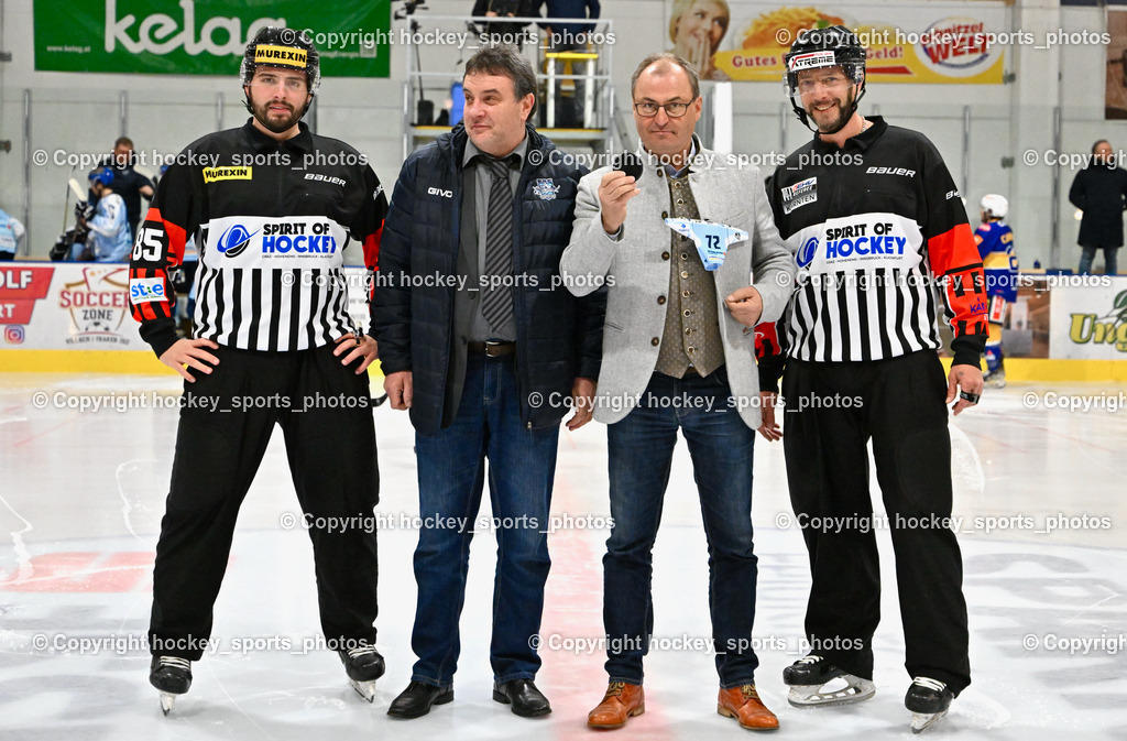 ESC Steindorf vs. HC Kufstein Dragons 25.2.2023 | MEIXNER Sebastian, ETTLMAYR Timo, Referees, ESC Steindorf Obmann Hans Tschernutter, Steindorf Bürgermeister Georg Kavalar
