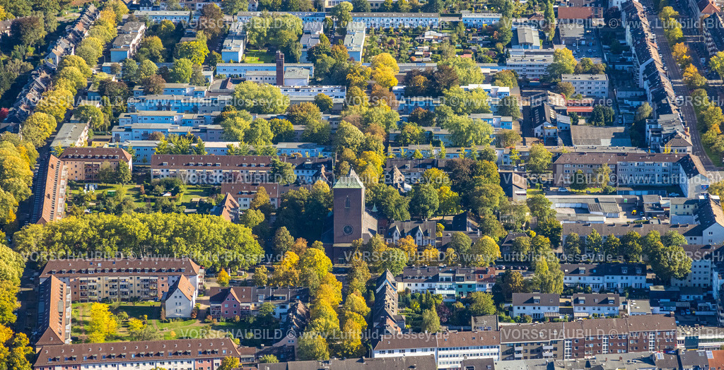 Duisburg221000510 | Luftbild, Kath. Kirche St. Gabriel, Wohnsiedlung zwischen Kortumstraße und Gabrielstraße, Neudorf, Duisburg, Ruhrgebiet, Nordrhein-Westfalen, Deutschland