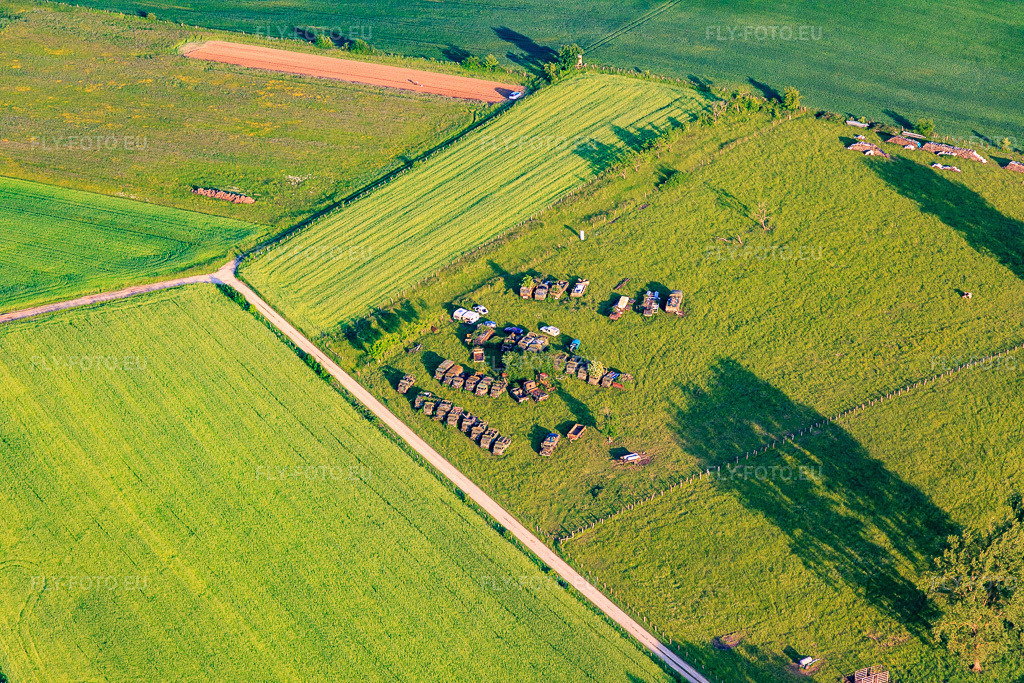 Vue aérienne: Camions militaires désaffectés dans une prairie à Vibersviller dans le département Moselle, France – .Photo: IMG_107398.jpg prise le 19/05/2018 par Werner Riehm/FLY-FOTO.eu – Résolution de l'original: 5472 x 3648 px