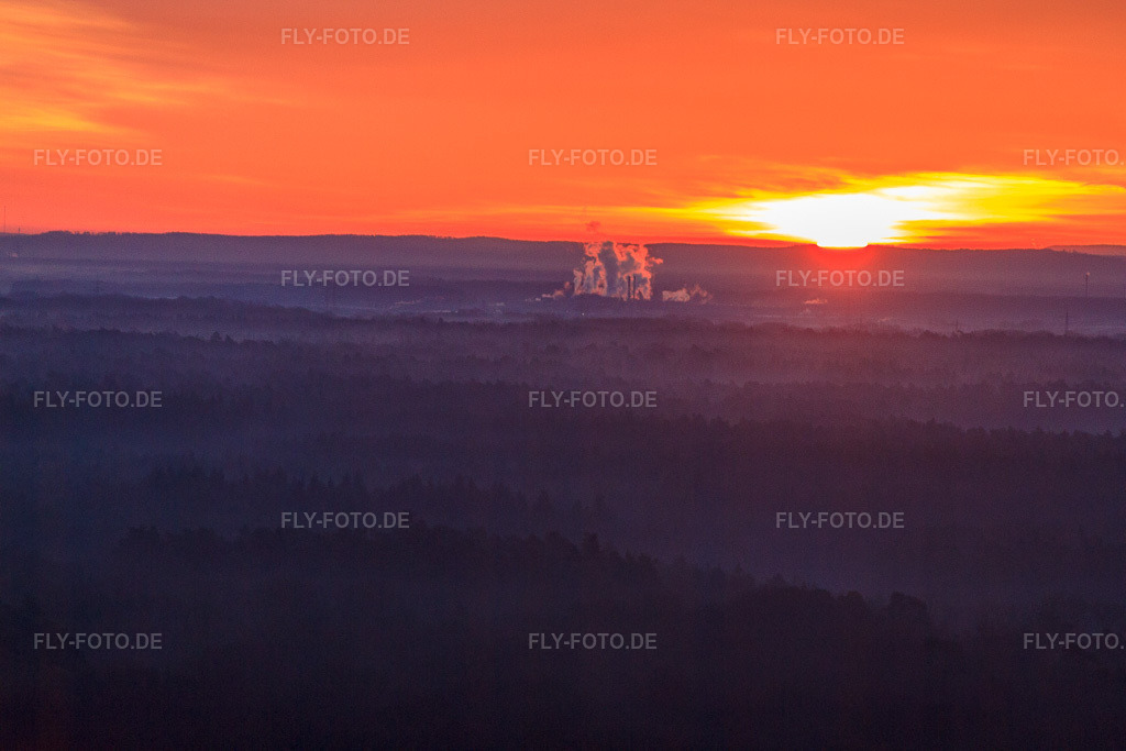 Luftbild: Sonnenaufgang über dem Bienwald in Jockgrim im Bundesland Rheinland-Pfalz in Deutschland. Foto: IMG_62960.jpg vom 20.03.2014 durch Werner Riehm/FLY-FOTO.de