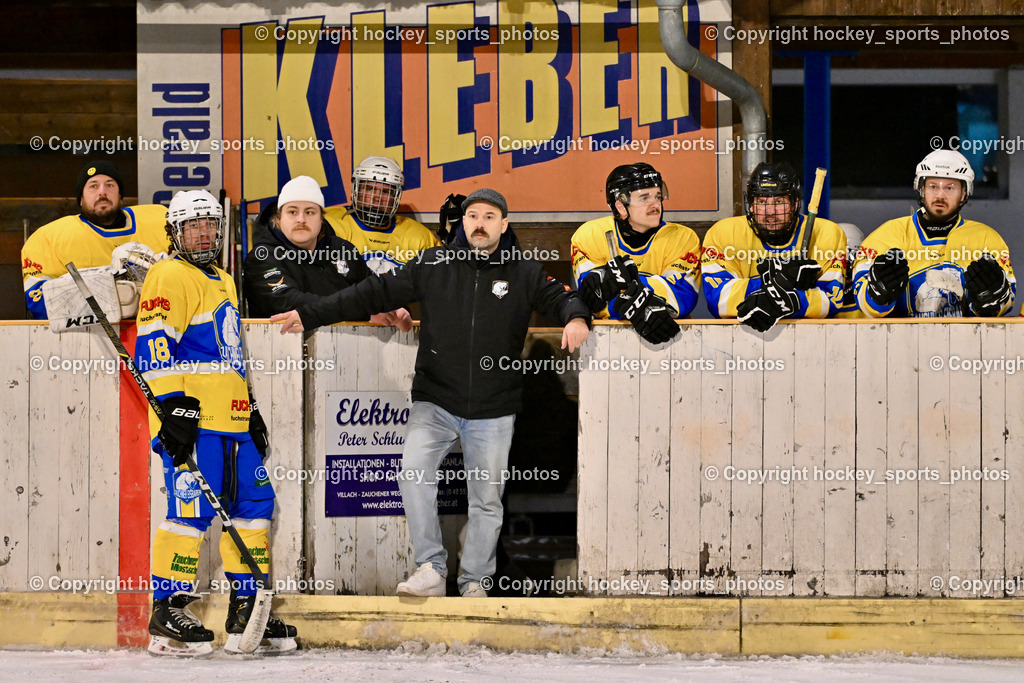 ELV Zauchen vs. EC Tigers Paternion  | Spielerbank ELV Zauchen, #18 Ambrosch Matthias ELV Zauchen, Headcoach ELV Zauchen Daniel Kudler, #5 Eder Manfred ELV Zauchen, #10 Tilli Thomas ELV Zauchen, ELV Zauchen vs. EC Tigers Paternion , ELV Zauchen vs. EC Tigers Paternion  am 02.01.2025 in Eisoval Zauchen (Stadthalle Villach), Austria, (Photo by Bernd Stefan)