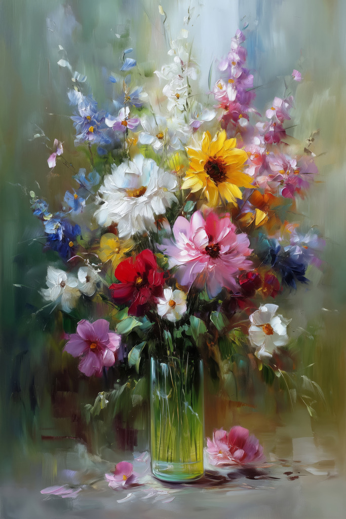 2504017 - Blumenpoesie im Licht | Romantisches Gemälde eines Blumenstraußes in Vase – farbenfrohe Blumenkunst mit lebendigem Ausdruck. Ideal für Küche, Esszimmer oder als Geschenkidee.