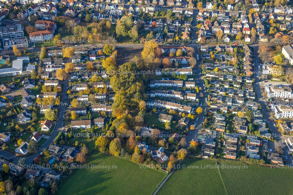 Hamm231101799 | Luftbild, Reihenhäuser Wohnsiedlung zwischen Knappenstraße und Schützenstraße mit Baumallee, mögliches Baugebiet, Grünzug, Baumallee, umgeben von herbstlichen Laubbäumen, Uentrop, Hamm, Ruhrgebiet, Nordrhein-Westfalen, Deutschland