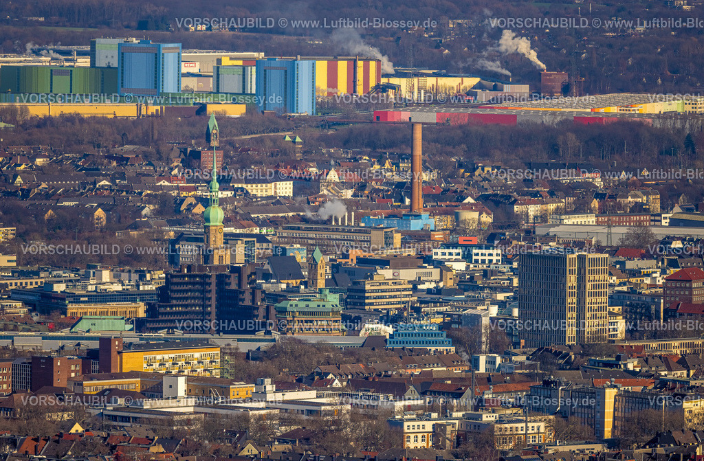 Dortmund230200751 | Luftbild, City, Reinoldikirche, Blick auf Westfalenhütte Gelände mit Rewe Logistik und thyssenkrupp Steel, Dortmund, Ruhrgebiet, Nordrhein-Westfalen, Deutschland