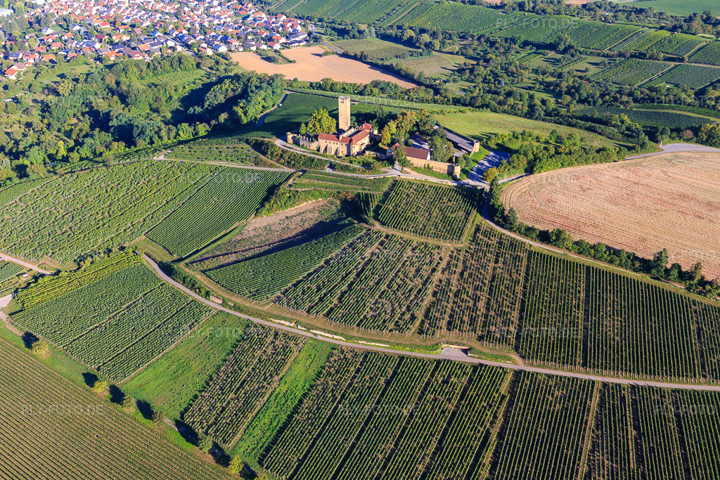 Luftbild: Burg Ravensburg (Sulzfeld) am Morgen auf einem Hügel mit Weinbergen in Sulzfeld im Bundesland Baden-Württemberg in Deutschland. – Foto: IMG_093878.jpg vom 23.08.2016 durch Werner Riehm/FLY-FOTO.de – Auflösung des Originals: 5472 x 3648 px – Burg Ravensburg