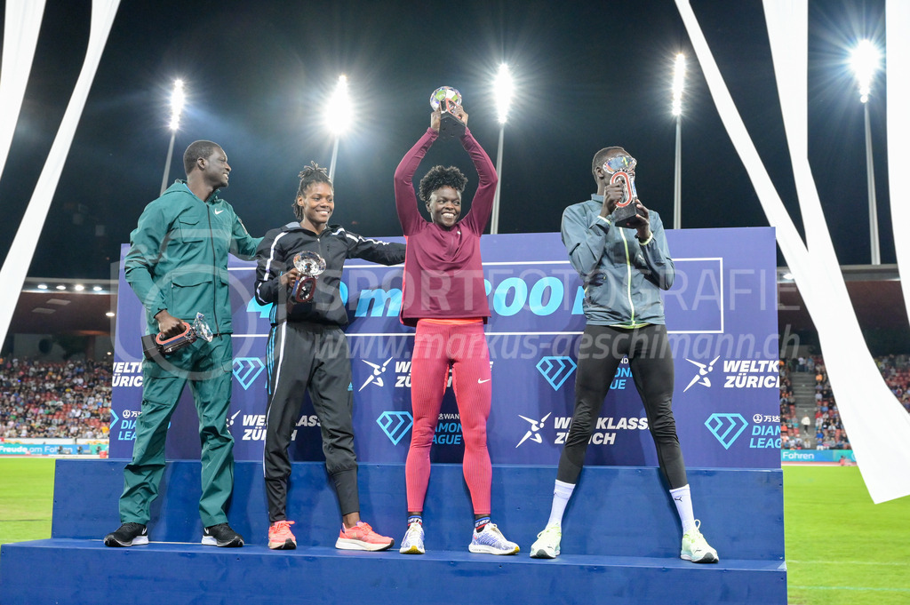 Leichtathletik: Weltklasse Zürich | 08.09.2022, Zürich, Letzigrund, Leichtathletik: Weltklasse Zürich, JAMES Kirani (GRN), MORAA Mary (KEN), PAULINO Marileidy (DOM) und KORIR Emmanuel Kipkurui (KEN). - Realisiert mit Pictrs.com