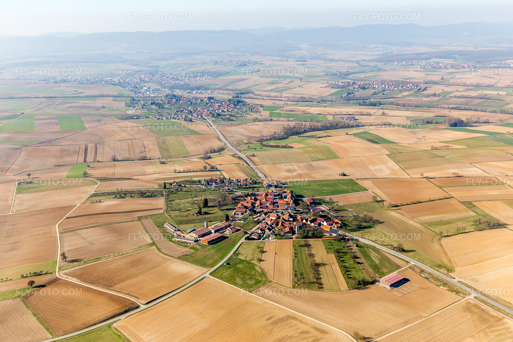 Aerial view: View of the town in Rittershoffen in the state Bas-Rhin, France.Photo: IMG_097443.jpg taken on 03/16/2017 by Werner Riehm/FLY-FOTO.comResolution of the original: 5472 x 3648 px