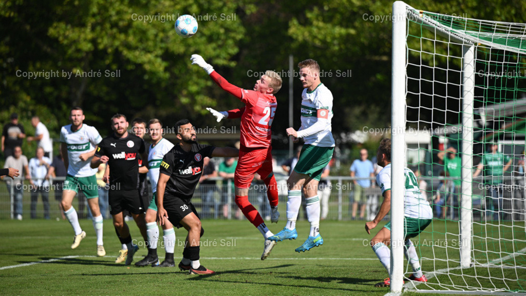PSV Neumünster vs FC Kilia Kiel | Torben Franzenburg (PSV #25 verletzt sich in dieser Szene am Knie) &amp; Timo Barendt (PSV #22) &amp; Til Küffner (PSV #24) / Serhat Yazgan (Kilia #30) - Fußball-Oberliga Männer 2024/2025 / PSV Neumünster vs FC Kilia Kiel / PSV A-Platz / Neumünster / 21.09.24 - Realisiert mit Pictrs.com