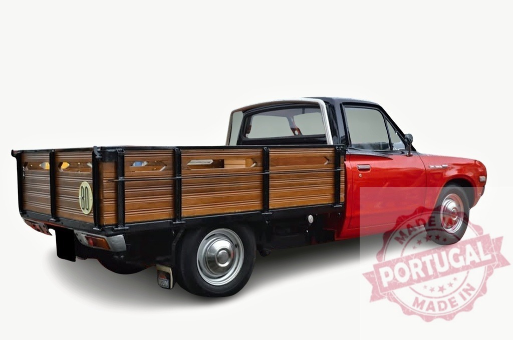 Vintage Datsun pickup truck with wooden bed | Classic red Datsun pickup truck featuring a traditional wooden cargo bed on white background - Realized with Pictrs.com