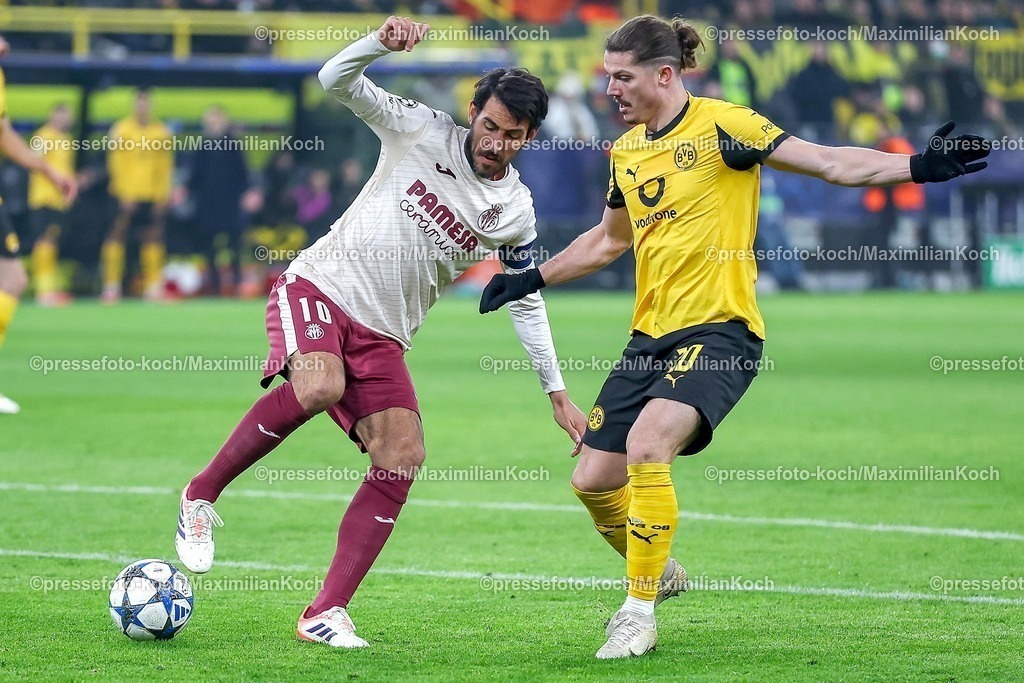 UCL25112502179 | 25.11.2025, Fußball, UEFA Champions League, Borussia Dortmund - FC Villarreal, BVB Stadion, 5. Spieltag, Saison 2025 2026: Dani Parejo&nbsp;(FC Villarreal #10) im Zweikampf gegen  Marcel Sabitzer&nbsp;(BVB #20)  Regulations prohibit any use of photographs as image sequences and or quasi-video.