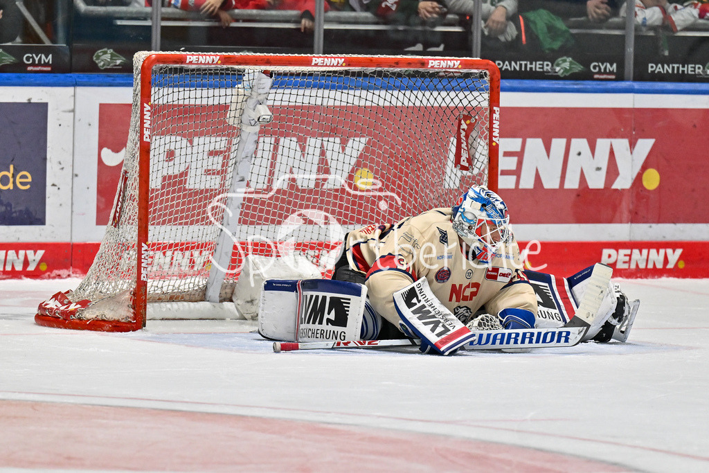 Augsburger Panther - Nürnberg Ice Tigers | Niklas TREUTLE (Nürnberg Ice Tigers #31) dehnt sich in seinem Tor / Freisteller / Einzelfoto / DEL: Augsburger Panther - Nuernberg Ice Tigers, Curt Frenzel Stadion am 06.12.2024