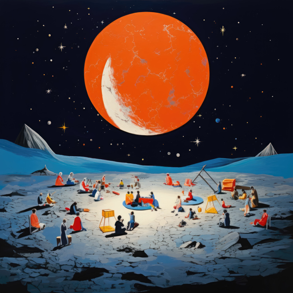 2307190 - Picknick auf dem Mond | Surreales illustratives Wandbild einer Picknickszene auf einer Mondlandschaft.