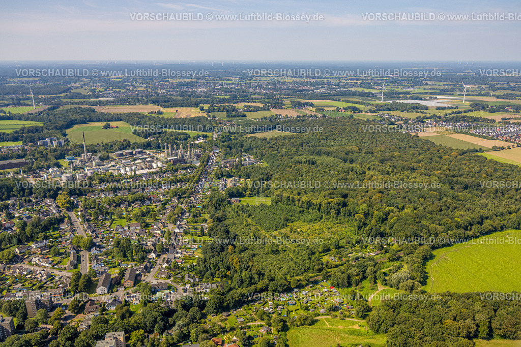 Gladbeck240806517 | Luftbild, KGV Kleingartenverein Frochtwinkel am Zweckeler Wald und Blick auf Wohngebiet Ortsteil Zweckel mit Ineos Phenol GmbH Chemiewerk, Fernsicht, Zweckel, Gladbeck, Ruhrgebiet, Nordrhein-Westfalen, Deutschland