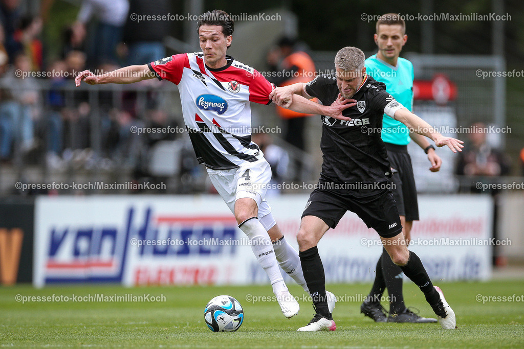 Koe3Liga27042401008 | 27.04.2024, Köln, Fußball, bwin 3. Liga Herren, Sportpark Höhenberg, 35. Spieltag, Saison 2023 2024, FC Viktoria Köln – Preußen Münster: Jeremias Lorch (Viktoria Köln) gegen Marc Lorenz (Preußen Münster). 
DFB regulations prohibit any use of photographs as image sequences and or quasi-video.