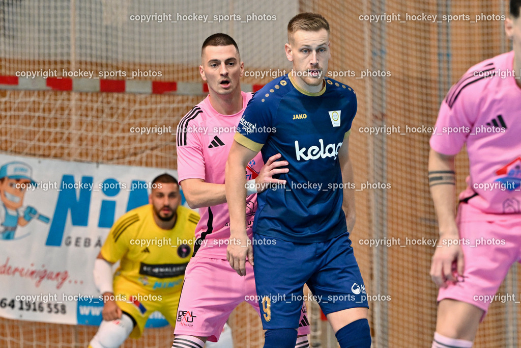 Carinthia Flamengo Futsal Club vs. Futsal Klagenfurt | #24 Zoran Vukovic Carinthia Flamengo, #9 Matic Lokovsek Futsal Klagenfurt, Carinthia Flamengo Futsal Club vs. Futsal Klagenfurt, Carinthia Flamengo Futsal Club vs. Futsal Klagenfurt am 01.12.2024 in Klagenfurt (Ballspielhalle Viktring), Austria, (Photo by Bernd Stefan)