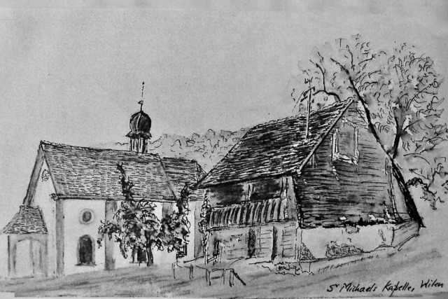 L1110935 | Kapelle St. Michael mit Stall / chapel St. Michael, with cowshed, Wilen on lake Sarnen, drawing by Paul Townend - Realisiert mit Pictrs.com