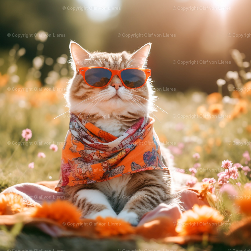 Katze entspannt auf Blumenwiese | Katzen meditieren