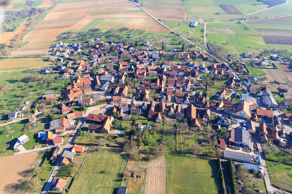 Luftbild: Ortsansicht von Norden in Ringendorf im Bundesland Bas-Rhin in Frankreich. – Foto: IMG_097524.jpg vom 16.03.2017 durch Werner Riehm/FLY-FOTO.de – Auflösung des Originals: 4913 x 3275 px