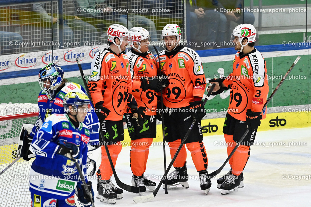 EC IDM WÄRMEPUMPEN VSV vs. MOSER MEDICAL GRAZ99ERS | Jubel Graz 99ers, #3 Frank Hora Graz 99ers, #64 Josh Currie Graz 99ers, #22 Kevin Conley Graz 99ers, EC IDM WÄRMEPUMPEN VSV vs. MOSER MEDICAL GRAZ99ERS, EC IDM WÄRMEPUMPEN VSV vs. MOSER MEDICAL GRAZ99ERS am 17.03.2026 in Villach (Stadthalle Villach), Austria, (Photo by Bernd Stefan)