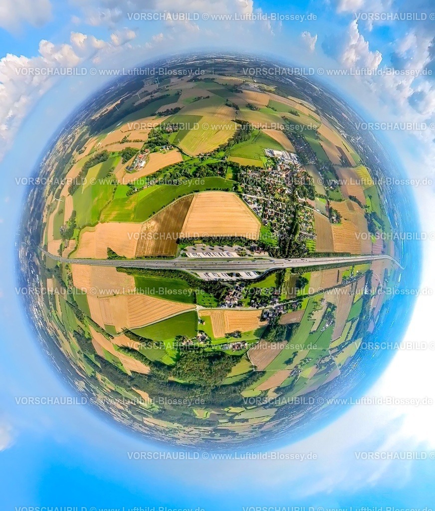 Beckum2308910337 Vellern-2-topaz | Luftbild, Autobahn A2 Raststätte Vellern, Erdkugel, Fisheye Aufnahme, Fischaugen Aufnahme, 360 Grad Aufnahme, tiny world, Vellern, Beckum,  Münsterland, Nordrhein-Westfalen, Deutschland