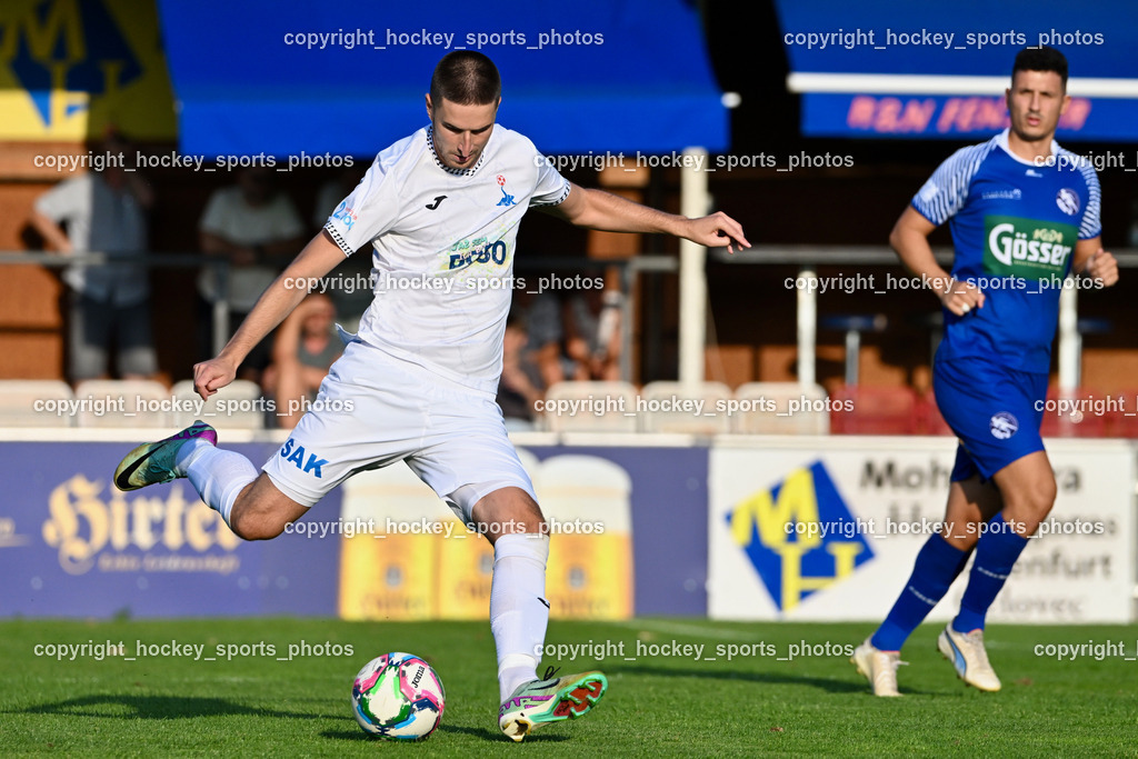 SAK vs. SV Dellach Gail | #23 Zan Kumer SAK, #11 Saso Kovacevic SV Dellach Gail, SAK vs. SV Dellach Gail, SAK vs. SV Dellach Gail am 14.08.2025 in Klagenfurt (Sportpark Welzenegg), Austria, (Photo by Bernd Stefan)