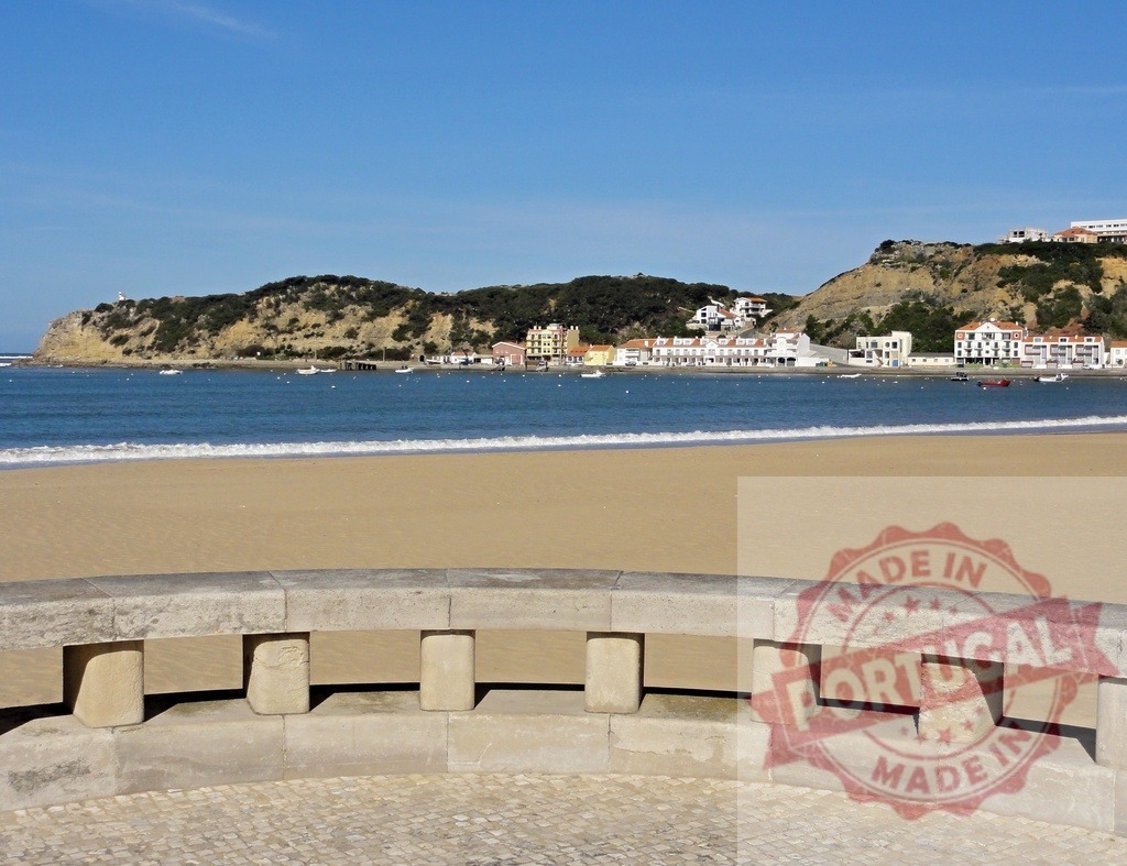 São Martinho do Porto bay with town and beach. Centro - Portugal | São Martinho do Porto bay featuring the shell-shaped beach and coastal town buildings under clear sky - Realized with Pictrs.com