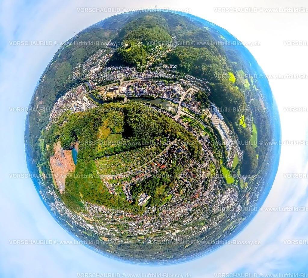 Hagen230990019Hohenlimburg Mitte | Luftbild, Ortsansicht Hohenlimburg-Mitte, Fluss Lenne, Wald Steltenberg und Steinbruch, Erdkugel, Fisheye Aufnahme, Fischaugen Aufnahme, 360 Grad Aufnahme, tiny world, Hohenlimburg, Hagen, Ruhrgebiet, Nordrhein-Westfalen, Deutschland