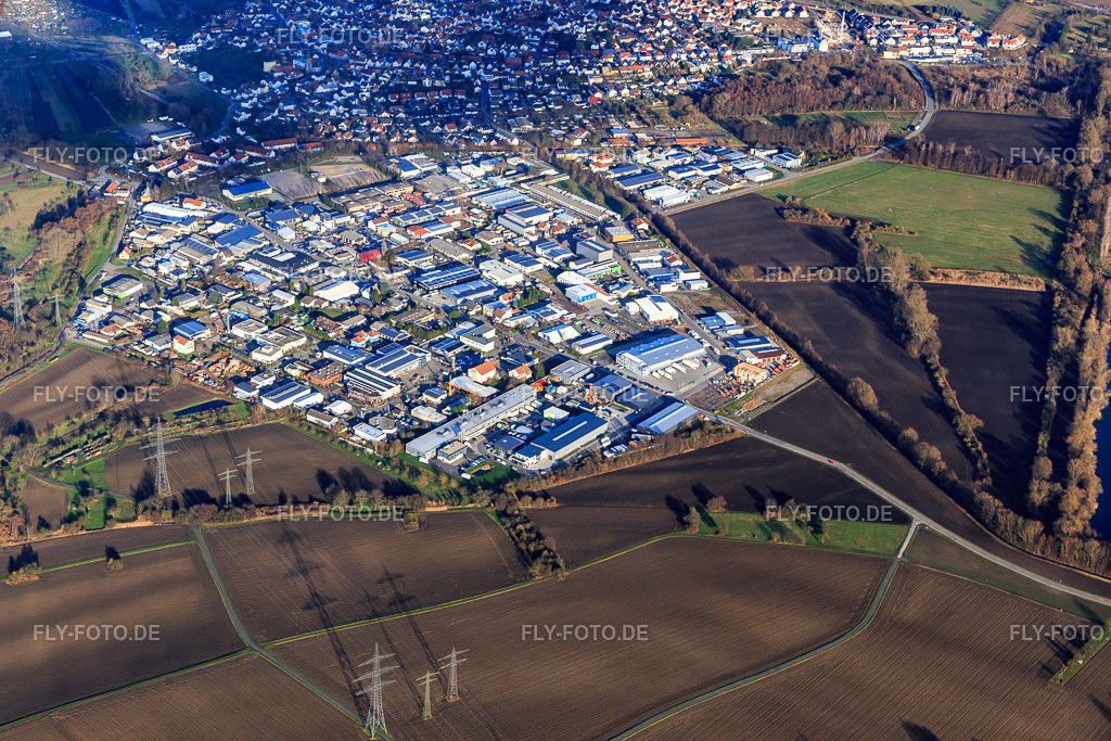 Industriegebiet im Winter | Luftbild: Industriegebiet im Winter im Ortsteil Eggenstein in Eggenstein-Leopoldshafen im Bundesland Baden-Württemberg in Deutschland. Foto: IMG_104799.jpg vom 16.02.2018 durch Werner Riehm/FLY-FOTO.de - Realisiert mit Pictrs.com