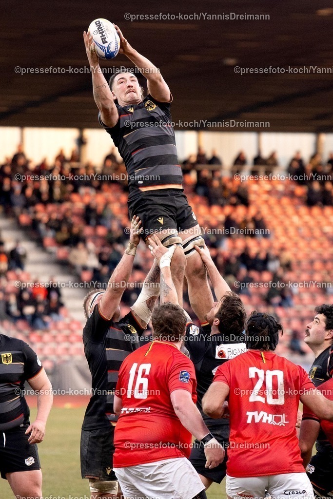 YDR1602250101041a | 16.02.2025, xydrx, Rugby Europe Championship, Deutschland - Belgien, 15er Männer, Auestadion Kassel: Justin Renc (Deutschland #6) fängt den Ball in der Luft