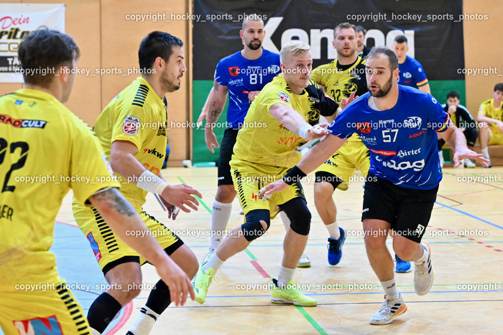 SC Ferlach vs. Bregenz Handball | #57 LEBAN Patrik SC Ferlach, #71 Schröder Andreas Bregenz Handball, #28 Predragovic Srdjan Bregenz Handball, #81 Milicevic Adrian SC Ferlach, SC Ferlach vs. Bregenz Handball, SC Ferlach vs. Bregenz Handball am 28.09.2024 in Ferlach (Ballspielhalle Ferlach), Austria, (Photo by Bernd Stefan)