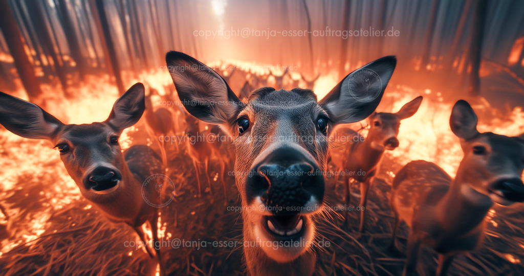Waldbrand Rehe d | Fotorealistisches KI Bild zeigt eine Gruppe wilder Rehe steht im brennenden Wald. Nahaufnahme eines Reh mit offenem Mund und panischem Blick. Emotionaler Aufruf nach Rettung. Konzeptbild zum Thema Klimaschutz.