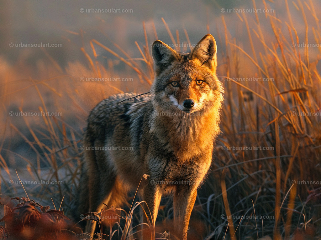 Jackal in an open grassland | A captivating image of a jackal in an open grassland during golden hour, showcasing the wild beauty of this creature. This piece is ideal for wildlife enthusiasts, adding a sense of the untamed and mysterious to any space. - Realisiert mit Pictrs.com