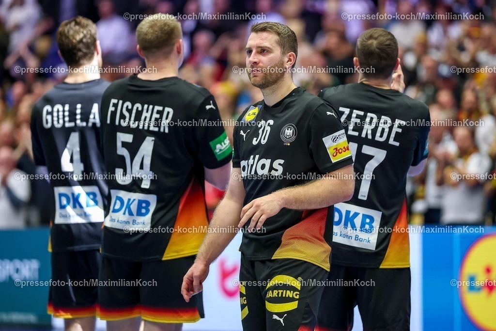 EHF19012602112 | 19.01.2026, Handball, Men's EHF EURO 2026, Deutschland - Spanien, Jyske Bank Boxen in Herning, Dänemark, Preliminary Round:  Lukas Mertens (Germany #36) glücklich nach dem Sieg