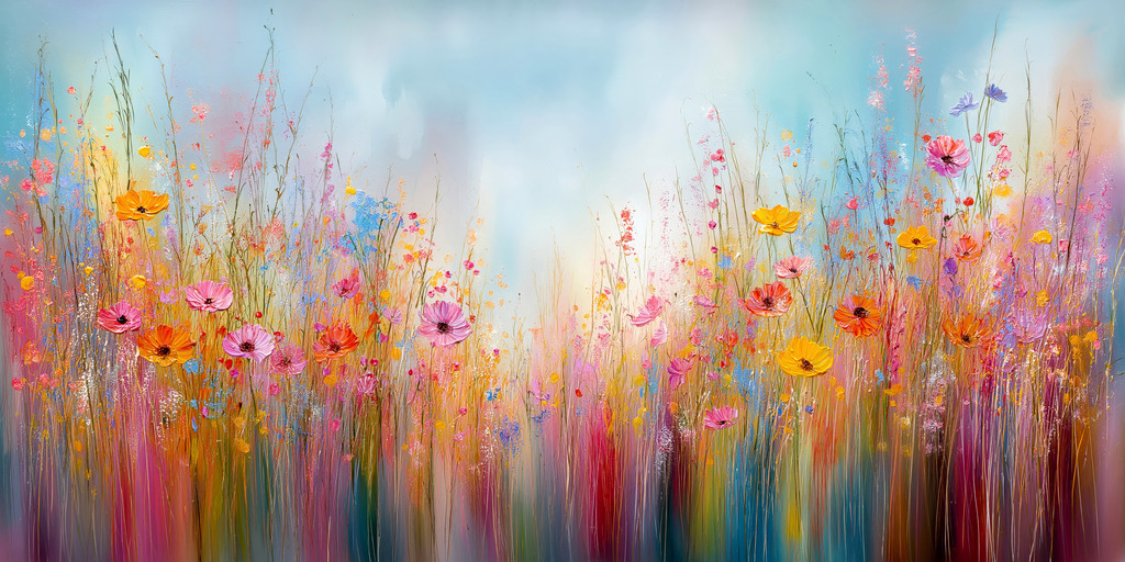 2508015 - Blumenwiese Gemälde | Modernes Blumenwiesen Gemälde. Bestelle dieses Motiv als hochwertigen Kunstdruck, z.B. auf Leinwand oder hinter Acrylglas in vielen Formaten.