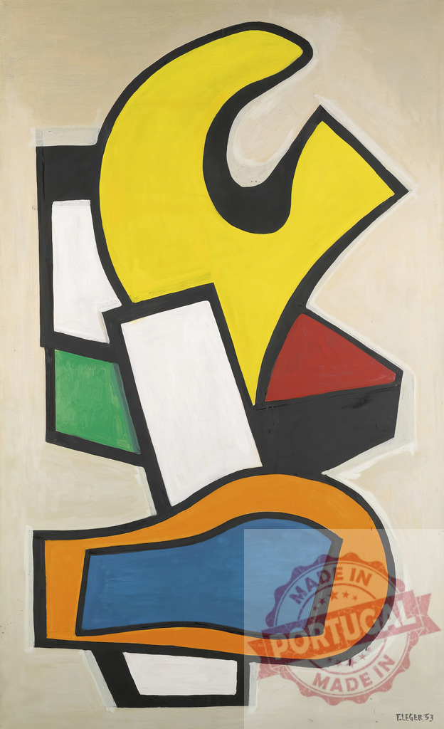 Fernand Léger abstract composition yellow blue orange shapes | Fernand Leger Abstract artwork presenting geometric and organic shapes in primary and bold colors - Realized with Pictrs.com