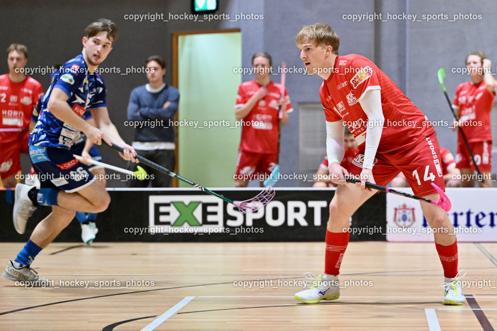 KAC Floorball vs. VSV Unihockey | #66 Jakob Rainer VSV Unihockey, #14 Pascual Fina KAC Floorball, KAC Floorball vs. VSV Unihockey, KAC Floorball vs. VSV Unihockey am 21.03.2026 in Klagenfurt (Ballspielhalle Waidmannsdorf), Austria, (Photo by Bernd Stefan)