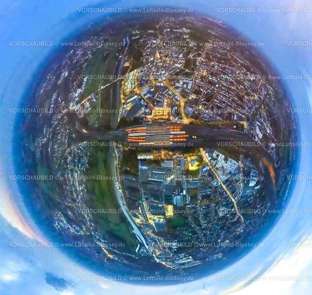 Hamm231190128CityHauptbahnhof-topaz | Luftbild, Nachtaufnahme Innenstadt City-Ansicht mit dem Hauptbahnhof Hbf und Allee-Center am Fluss Lippe und Datteln-Hamm-Kanal, Erdkugel, Fisheye Aufnahme, Fischaugen Aufnahme, 360 Grad Aufnahme, tiny world, little planet, fisheye Bild, Mitte, Hamm, Ruhrgebiet, Nordrhein-Westfalen, Deutschland