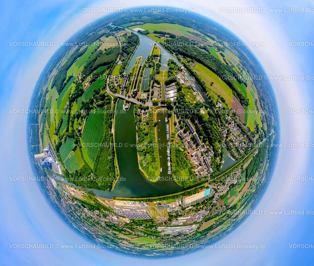 Waltrop240590409Schiffshebewerk_Dortmund-Ems-Kanal | Luftbild, LWL-Museum Schiffshebewerk Henrichenburg, Schleusenpark Waltrop, Dortmund-Ems-Kanal und Rhein-Herne-Kanal, links das Kraftwerk Datteln 4, Erdkugel, Fisheye Aufnahme, Fischaugen Aufnahme, 360 Grad Aufnahme, tiny world, little planet, fisheye Bild, Meckinghoven, Datteln, Ruhrgebiet, Nordrhein-Westfalen, Deutschland