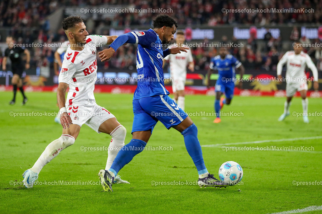 Koe14092402130 | 14.09.2024, 2. Fußball Bundesliga, 1. FC Köln - 1. FC Magdeburg, RheinEnergieSTADION, Saison 2024 2025: Zweikampf Leart Pacarada (1.FC Köln #17) gegen Xavier Amaechi (1.FC Magdeburg #20)DFB regulations prohibit any use of photographs as image sequences and or quasi-video.