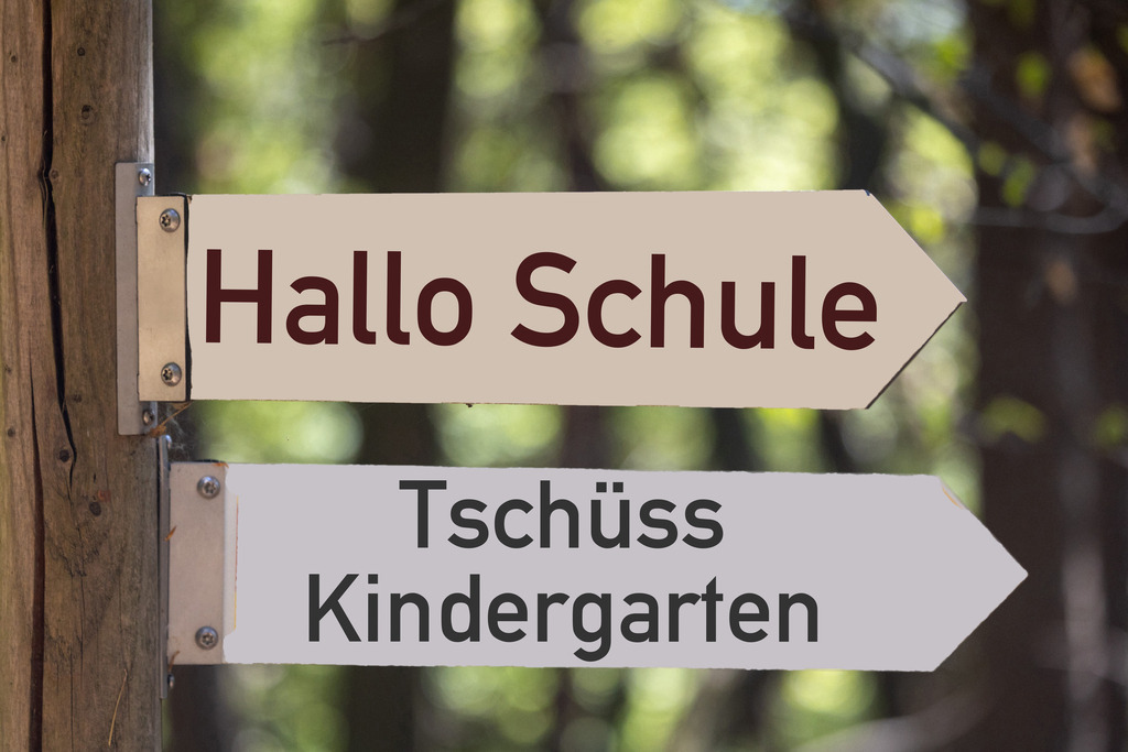 Hallo Schule, Tschüss Kindergarten | (Fotomontage) Schilder im Wald mit hinzugefügtem Text HALLO SCHULE und TSCHÜSS KINDERGARTEN - Realisiert mit Pictrs.com