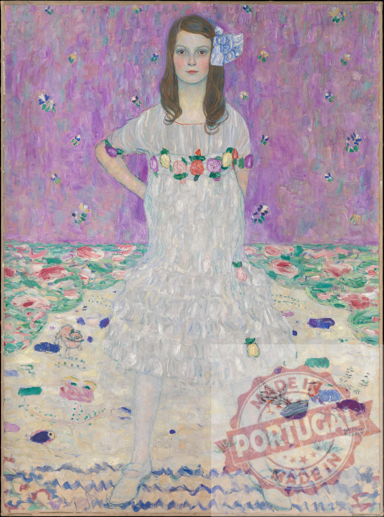 Gustav Klimt painting of Mäda Primavesi, oil on canvas portrait. Gustav Klimt | Mäda Primavesi posing in a white dress with floral details, Art Nouveau painting - Realized with Pictrs.com