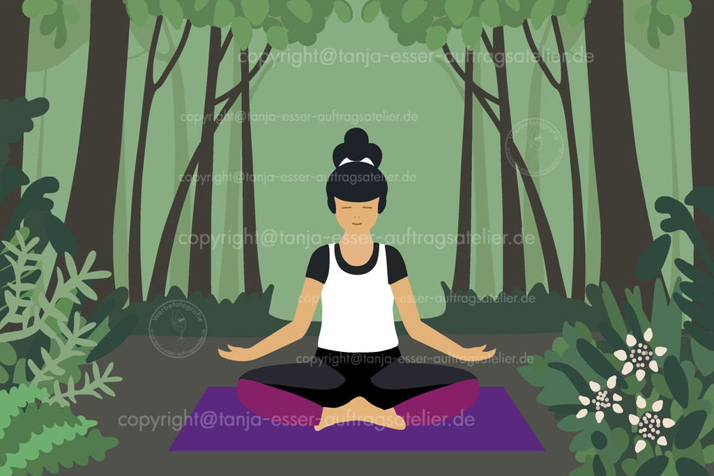 Waldbaden D | Den Wald beim Waldbaden (Shinrin Yoku) mit allen Sinnen erleben. Eine dunkelharige Frau sitzt entspannt im Lotussitz. Sie genießt die Atmosphäre des Waldes beim Yoga. Illustration im Flat Design.