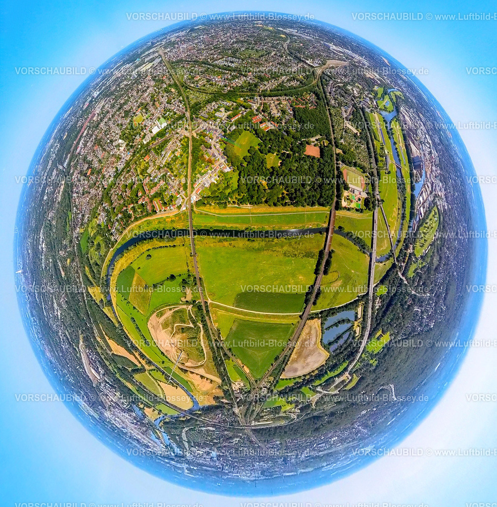 Oberhausen230790136_Alstede_Ruhrdeich | Luftbild, Styrumer Ruhrbogen, Alstede Ruhrdeich, Fluss Ruhr, Erdkugel, Fisheye Aufnahme, Fischaugen Aufnahme, 360 Grad Aufnahme, tiny world, Alstaden, Oberhausen, Ruhrgebiet, Nordrhein-Westfalen, Deutschland