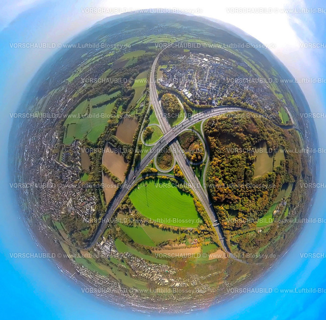 Dortmund221020004WesthofenerKreuz | Luftbild, Autobahnkreuz Westhofen, Westhofener Kreuz, Autobahn A45 und Autobahn A1, Herbstfarben, Fisheye Aufnahme, Fischaugen Aufnahme, 360 Grad Aufnahme, Westhofen, Schwerte, Ruhrgebiet, Nordrhein-Westfalen, Deutschland