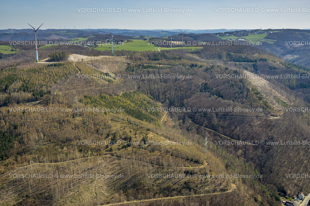 Hagen220402046 | Luftbild, Windräder im Waldgebiet mit Waldschäden oberhalb der Obernahmerstraße, Hohenlimburg, Hagen, Ruhrgebiet, Nordrhein-Westfalen, Deutschland