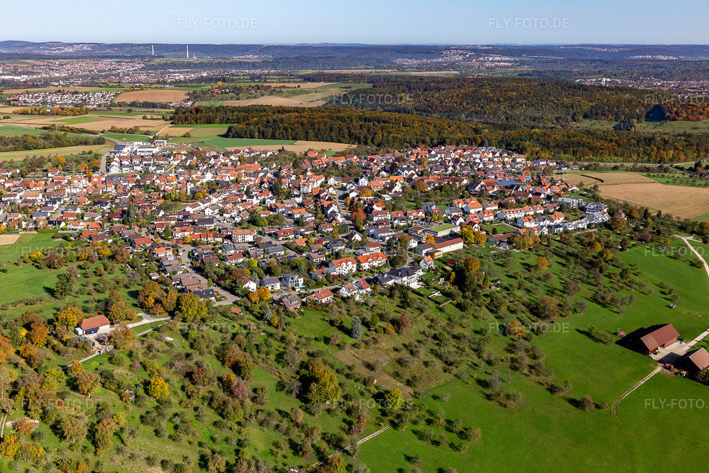 Luftbild: Dorfansicht von Süden im Ortsteil Reudern in Nürtingen im Bundesland Baden-Württemberg in Deutschland. Foto: IMG_119299.jpg vom 14.10.2019 durch Werner Riehm/FLY-FOTO.de