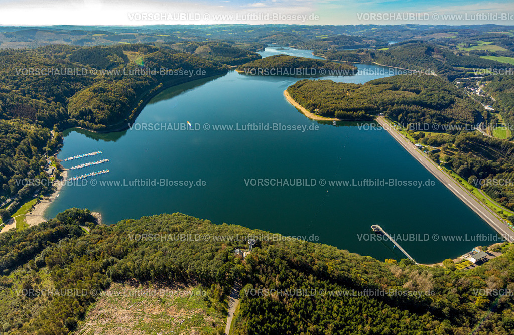 Attendorn230909074 | Luftbild, Biggetalsperre, Gilberginsel, Staumauer, Neu-Listernohl, Attendorn, Sauerland, Nordrhein-Westfalen, Deutschland