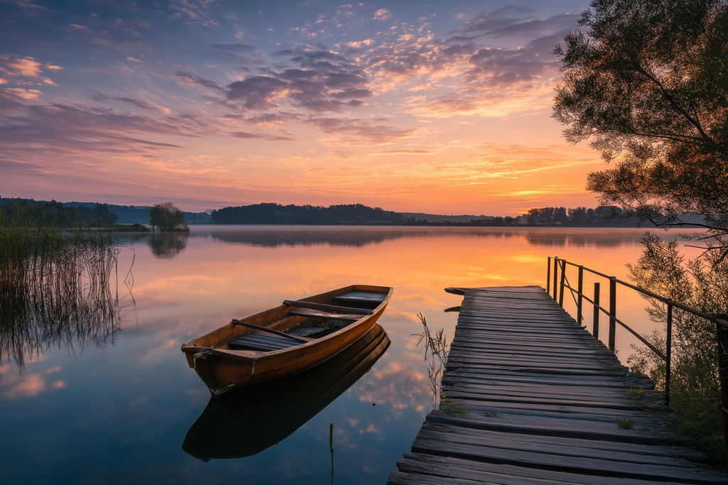 2601004 - Einsames Boot im Abendrot | Wunderschönes Motiv im Stil einer Fotografie als hochwertiger Kunstdruck auf Leinwand, Acrylglas, Alu-Dibond oder als Poster.