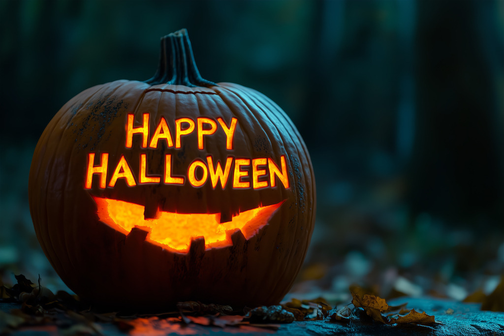 Halloweengrüße: Halloween auf einem Friedhof mit Text HAPPY HALLOWEEN  | Halloweengrüße: Halloween auf einem Friedhof mit Text HAPPY HALLOWEEN  - Realisiert mit Pictrs.com